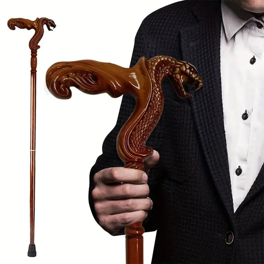 Elegant Snake Head Walking Stick, Vintage Solid Wood Unisex Cane with a Comfortable Grip, a Stylish Accessory for Role-Play, Gifting, or Father'S Day