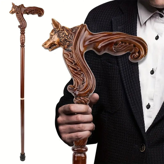 Vintage Wolf Head Walking Cane, Unisex Wooden Scepter with Ergonomic Comfortable Grip, Elegant Decorative Prop for Role-Play, Thoughtful Father'S Day Gift, Thoughtful Gift, Vintage Couple Prop