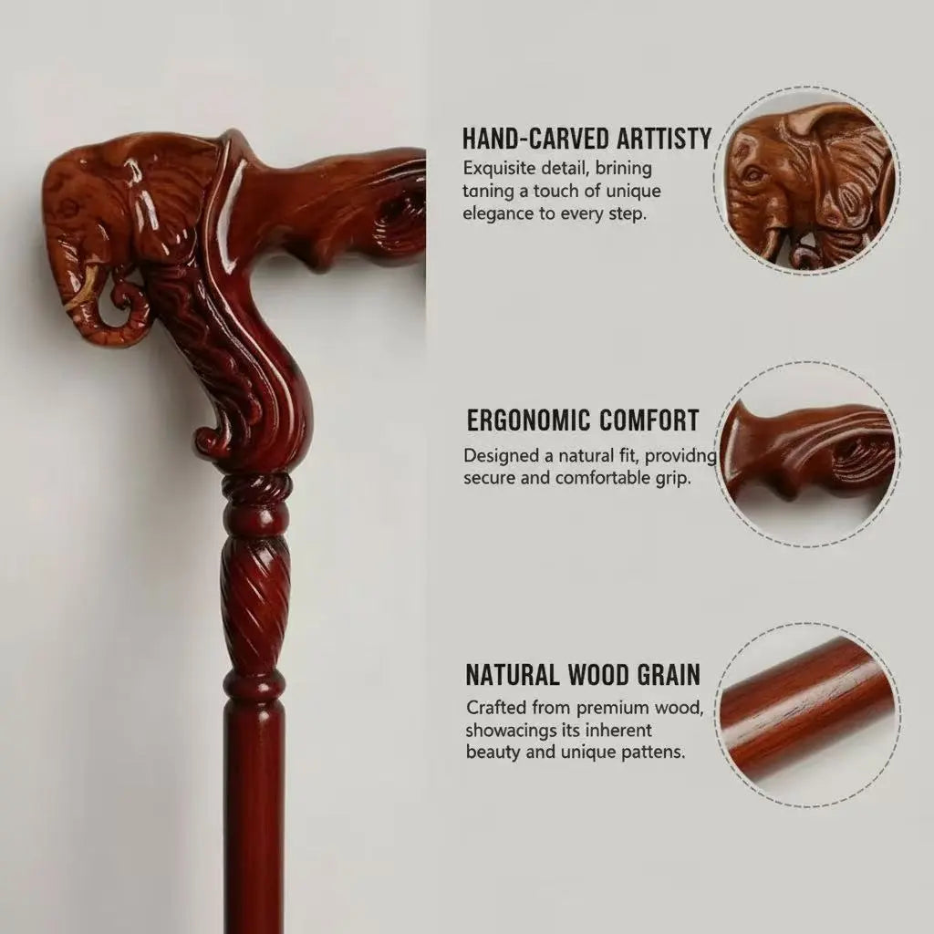 American Elephant Head Wooden Walking Cane - Handcrafted, Ergonomic Grip for Comfort - Unisex Wooden Sculpted Cane - Stylish Wooden Walking Stick Summerwins-#Summerwins#Dealsforyoudays#Father'Sdaygift Tool Equipment
